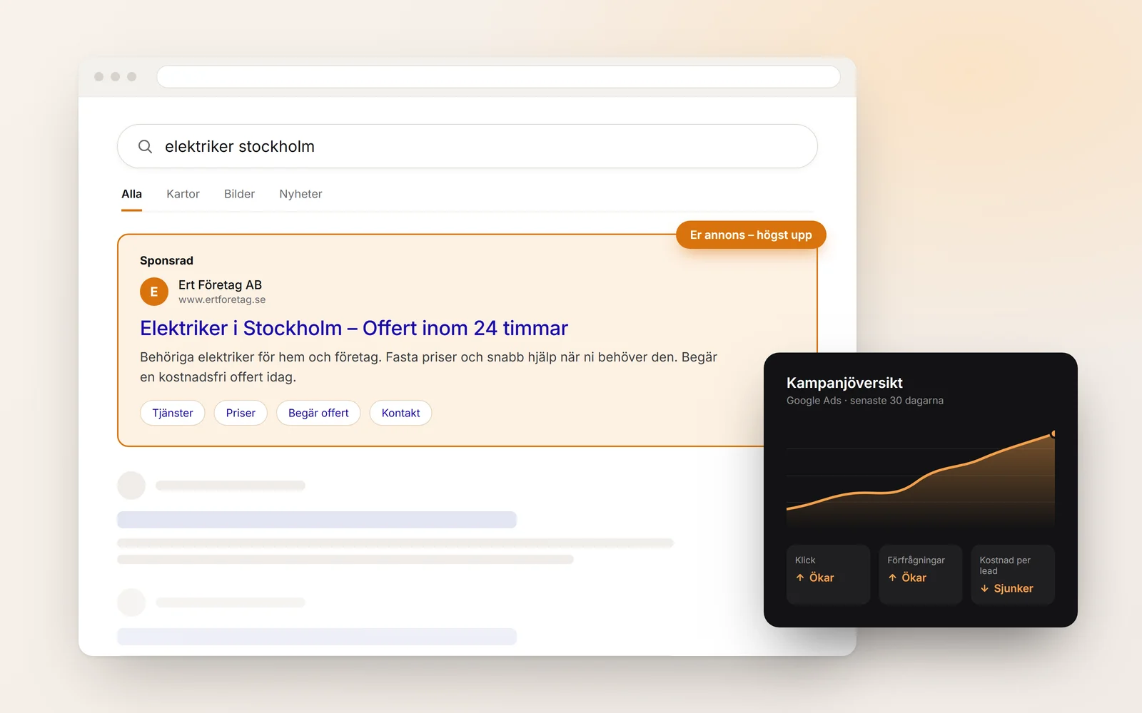 Ejemplo de un anuncio de Google que aparece en la parte superior de los resultados de búsqueda, junto a un resumen de campaña